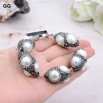 GuaiGuai Šperky Sladkovodní Kultivované Bílé Perly, Černé Drahokamu Pave Olivový tvar Náramek 8.5