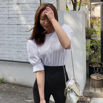 Korejské Ženy Topy Dámské 2021 Letní Top Puff Sleeve New Temperament Bílé Puff Sleeve T Shirt Tričko Befree Tees Vintage P2X