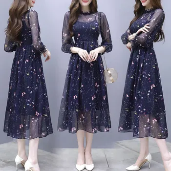 Květinové Šaty Ženy 2021 Letní Nové korejské Verzi Elegantní Pasu A-line Tenká Falešné dvoudílné Slim Tisk Šaty Ženy JD1179