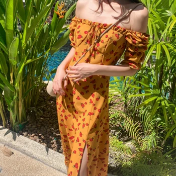 Letní Dámské Split Květinové Lehké Šaty Míchání Květinové Tisk Off Rameno Sexy Dlouhé Šaty Sladké Ležérní Elegantní Žluté Šaty 2021