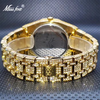 Montre Homme Luxe Grande Marque MISSFOX 18K Gold Diamond Náramek Královský Styl Quartz Hodinky Zvláštní arabská Čísla Droshipping