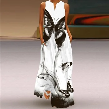 MOVOKAKA Dlouhé Šaty bez Rukávů 2021 Neformální Pláž Ženy Letní Šaty Lady V Krku Butterfly Tištěné Šaty Elegantní Dámské Šaty