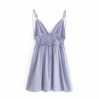 PSEEWE Za Modré Pruhované Šaty Žena Slip Mini Letní Šaty 2021 Prohrábnout s hlubokým Výstřihem Sexy Šaty, Ženy Ruched Luk letní Šaty Popruhy