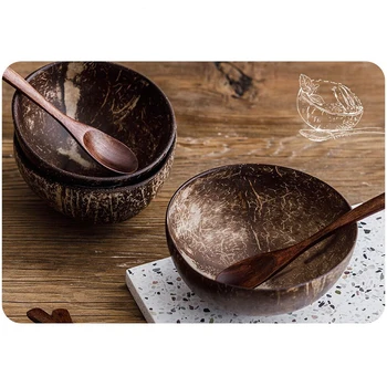 Přírodní Kokosové Misce ochranu dřevěné misce Kokosové Dřevo nádobí Spoon Set coco Kokosové smoothie Kuchyně Životního prostředí