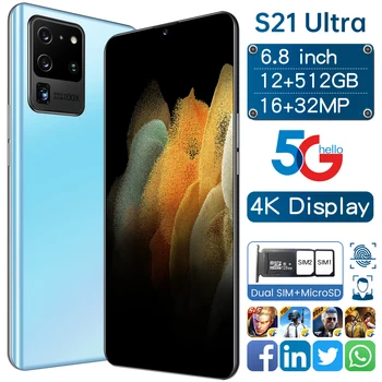 S21 Ultra Globální Verze Mobil 6.8 inch HD+Kapka Vody Obrazovce 12G 512G 5000mAh Mobilní Telefon 4G/5G Internet Smartphony