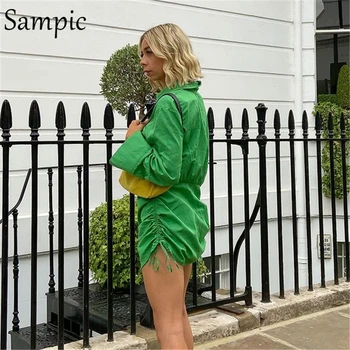 Sampic Příležitostné Ženy Letní Zelené Y2K Ruched Obvaz Mini Wrap Halenka s Dlouhým Rukávem Šaty Office Dámy Krátké Šaty Sexy Club
