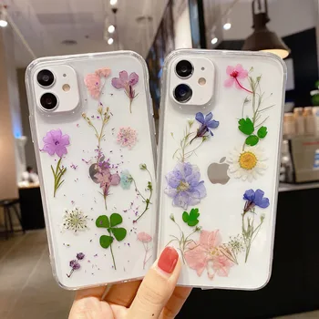 Skutečné Sušené Květiny Případy Pro iPhone X XS Max XR 6 6S 7 8 Plus 11 12 mini Pro Max SE roku 2020 Případě Ručně vyráběné Měkké Čerstvé Květiny Krytí