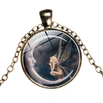Vintage Ženy Náhrdelník Moon Anděl Vzor, Kabošon Sklo Přívěsek Řetěz Šperky Ženy příslušenství