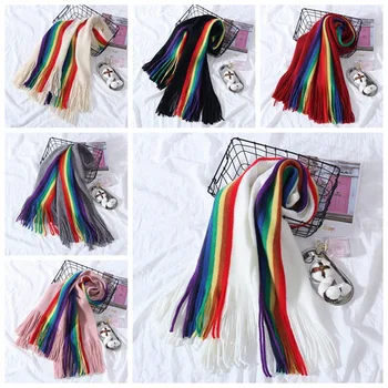 Ženy, Dívky Rainbow LGBT Svislé Pruhované Patchwork Nadrozměrné šátek Šátek Se Střapci Zimní Teplé Deky Zábaly 190*40 cm