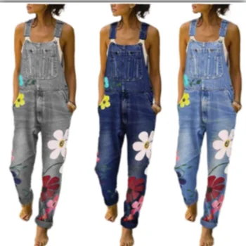 Ženy tištěné bib plus velikost podvazkové džíny volné ležérní kalhoty měkké džínové prodyšné tkaniny módní roztomilé mládeže streetwear