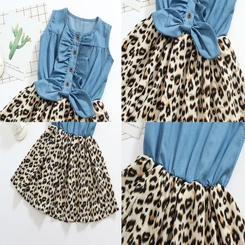 2021 letní dívčí Šaty Krásné Hot Dítě Dívky Jean Denim Luk Květina Prohrábl Leopard Šaty letní Šaty Oblečení Kostým
