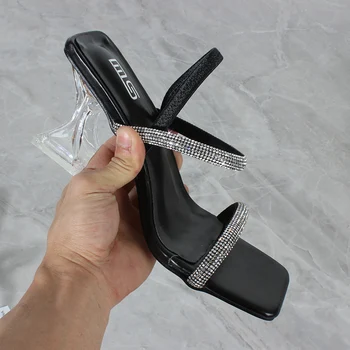 Dámské Sandály 2021 Nové Letní Drahokamu Popruh Otevřené Toe Elastický pás Vysoký Podpatek Sandály Módní Podkovy Podpatek 8CM Boty