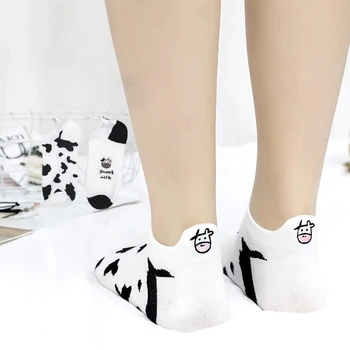 Kotníkové ponožky kreslený zvířecí tisk kráva bílé pruhované roztomilý calcetines kawaii ženy harajuku kobieta skarpety socken značkové bavlněné