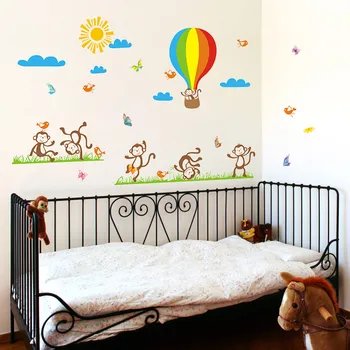 Kreslená opice horkovzdušný Balón Cloud Zeď Nálepky pro děti, dětské pokoje dekorace Nástěnné Umění Obtisky domova tapety samolepky