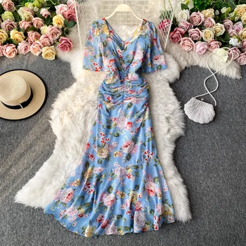 Květinové šaty 2021 letní nový styl puff sleeve pasu temperament V-neck šifon šaty francouzské retro fishtail šaty s495