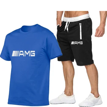 Letní AMG nové pánské T-košile + sportovní šortky dvoudílné módní kolem krku ležérní bavlna krátký rukáv high-kvalitní sportovní oblek