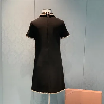 Luxusní Ručně vyráběné Diamanty Žena Šaty 2021 Letní Korean Módní Elegantní Krátký Rukáv Černé Mini Šaty Party pro Ženy