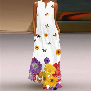 MOVOKAKA Dlouhé Šaty bez Rukávů 2021 Neformální Pláž Ženy Letní Šaty Lady V Krku Butterfly Tištěné Šaty Elegantní Dámské Šaty
