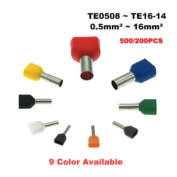 Měděné Lisovací Svorky TE0508~16-14 Dual Drát Trubice Insutated Kabel End Elektrická Dvojitá Čára Kabelové Dutinky 0.5~16mm2 500/200ks