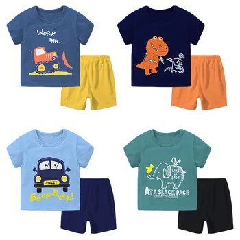 Nové 2021 Děti Chlapci Dívky Letní Oblečení Sady Roztomilý Kreslený O-krk Krátký Rukáv T-Shirt Topy s Kraťasy Batole Dětská Pyžama Sada