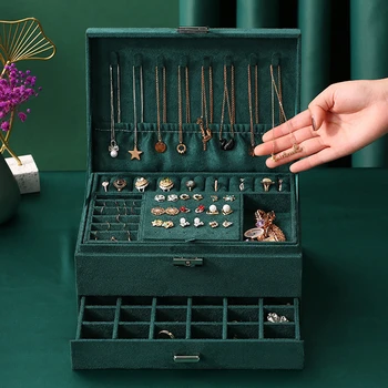 Nový 3-vrstvy Zelené Stud Šperky Organizátor Velký Prsten Náhrdelník Make-up Držitel Případech Sametové Šperky Box se Zámkem pro Ženy