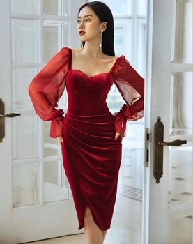Nový Příchod Ženy Jarní Styl Sexy Dlouhý Rukáv Červené Sametové Midi Lady Dress 2021 Elegantní Večerní Party Club Šaty Vestidos