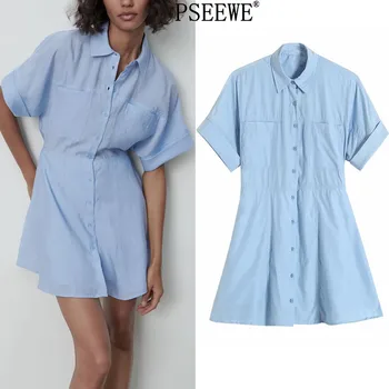 PSEEWE Za Ženy Šaty Modré Mini Košile Šaty Ženy Létě 2021 Módní Tlačítko Up Krátký Rukáv Šaty Dámské Ležérní Šaty