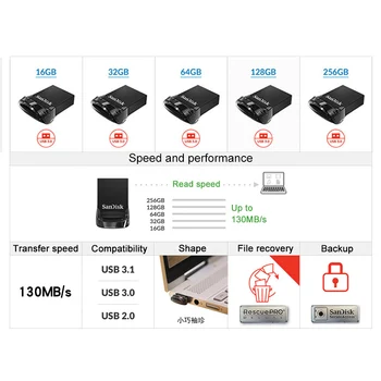 SanDisk CZ430 USB 3.0 Flash Disk Ultra Fit 256 GB 128 GB 32 GB 16 GB Pen drive 64GB Až 130MB/S high Speed usb PenDrives