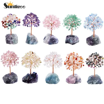 Sunligoo Crystal Peníze Strom Měděný Drát Zabalené Přírodní Fluorit Clusteru Základní Čakry Růženín Stromy Feng Shui Strom Domova