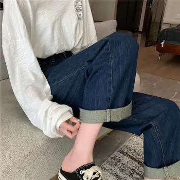 Tmavé rovné trubice vysokým pasem džíny nové široké nohy kalhoty pro ženy, studenty