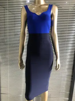 Velkoobchodní Letní Módní Sexy V Krku Pacthwork Modrá Černá Bodycon Ženy Obvaz Šaty 2020 Elegantní Večerní Party Šaty Vestido
