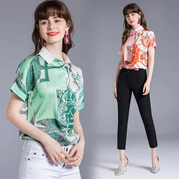 Wilstage krátký rukáv košile ženy límec halenka jednořadového AB vzor barev tričko 2020 Letní potištěné topy