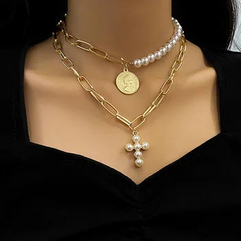 Řetěz Náhrdelník Perly Náhrdelník Pro Ženy 2021 Klíční Kosti Módní Šperky Strand Korálkový Řetěz Styl Pearl Kříž Přívěsek Náhrdelník