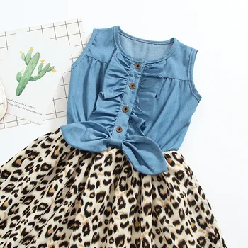 2021 letní dívčí Šaty Krásné Hot Dítě Dívky Jean Denim Luk Květina Prohrábl Leopard Šaty letní Šaty Oblečení Kostým