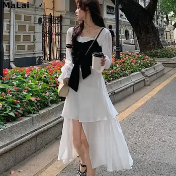 2021 Letní Šaty Ženy Elegantní Vintage Sexy Náměstí Límec Dlouhý Rukáv Šaty Korejský Design Office Lady Neformální Jednoho Kusu Šaty