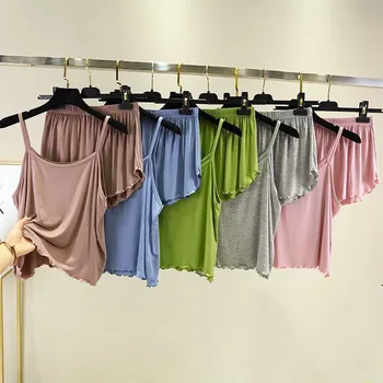 2021 Léto Modální Tenké Pyžamo Set Pro Ženy 2 Ks jednobarevné Závěs+Šortky Dámské oblečení na Spaní