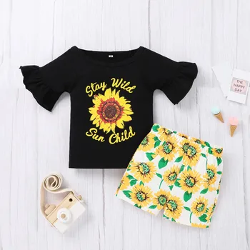 2021 Nové Dítě Batole Děti Dívky Letní Módní Topy Dopis+slunečnice Šortky Oblečení Set Módní Ležérní Dětské Oblečení Ropa Bebe
