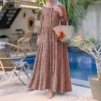 2021 Podzim ZANZEA Retro Květinové Tisk Muslimské Šaty Dámské Módní Rayon Dlouhé Vestidos Ležérní Volné Prohrábnout Šaty Dlouhe