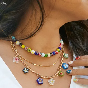 AOMU 1KS 2021 Nové Módní Letní Dovolenou na Pláži Náhrdelník Šperky Barevné Květinové Korálky Pearl Korálkový Náhrdelník pro Ženy, Dárky