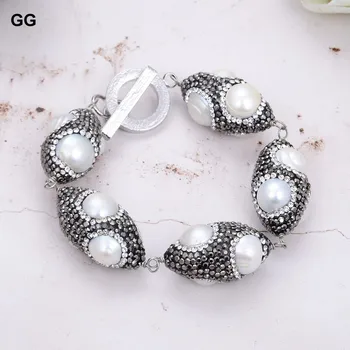 GuaiGuai Šperky Sladkovodní Kultivované Bílé Perly, Černé Drahokamu Pave Olivový tvar Náramek 8.5
