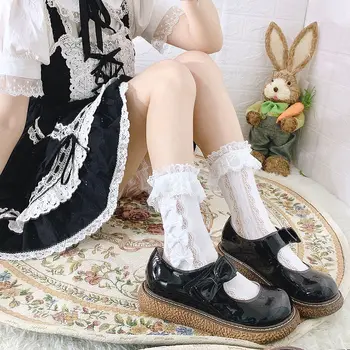 Japonský Lolita bílá krajka Lolita tele ponožky Dámské Mid tube punčochy jk krajky luk délka střední-tele ponožky značkové ponožky