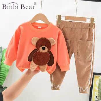 Jarní Podzimní dětské Suit korejské Karikatura Tří-dimenzionální Bear T-košile, Manšestrové Kalhoty dvoudílné Dívky, Chlapci Dětské Oblečení