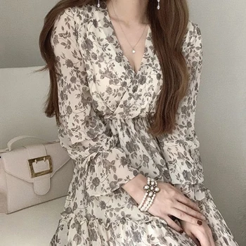 Korejský Elegantní Dlouhý Rukáv Dámské Šaty 2021 Letních Nové Elegantní Sladký V-Neck Květinové Šifon Tenký Oddíl Lady Midi Šaty Vestidos