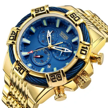 Kreativní Golden Muži Quartz Náramkové hodinky 3D Dial Design Plné Oceli Kalendář Vodotěsné Velké Hodinky Top Značky Luxusní Hodiny