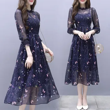 Květinové Šaty Ženy 2021 Letní Nové korejské Verzi Elegantní Pasu A-line Tenká Falešné dvoudílné Slim Tisk Šaty Ženy JD1179