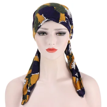 Květinový Vzor Muslimských Žen Hidžáb Klobouk s Dlouhým Ocasem Turban Islámský Hlavy Zábal Šátek Rakoviny Chemo Cap vypadávání Vlasů Cap Přídi Kapoty