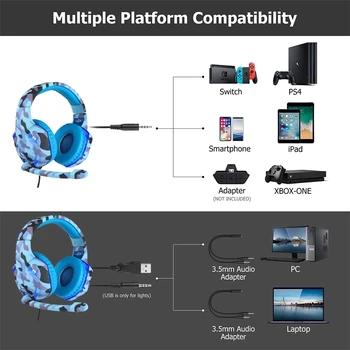 LED Kamufláž Herní Sluchátka S Mikrofonem Heavy-Duty Stereo Bass Profesionální Hráč Počítačových Drátový Headset Pro PS4, Xbox One