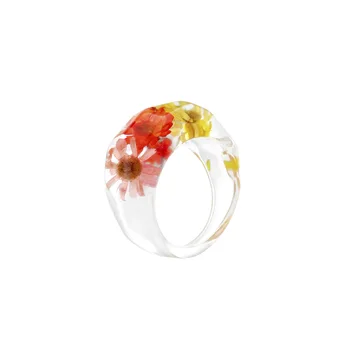 Módní Transparentní Akrylové Pryskyřice Sušené Květiny Shell Zlaté Fólie Prsteny Pro Ženy Geometrické Kolo Trojúhelník Bowknot Šperky Prsteny