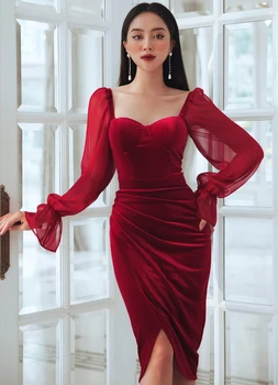 Nový Příchod Ženy Jarní Styl Sexy Dlouhý Rukáv Červené Sametové Midi Lady Dress 2021 Elegantní Večerní Party Club Šaty Vestidos