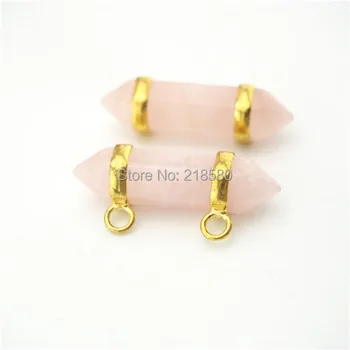 Rose Pink Quartz Crystal Double Ukončena Bod Přívěšek s Zlaté Nebo Stříbrné Pozinkované Lemování PM13294